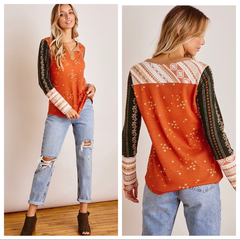 Chic Aztec Print Contrast Sleeve Details Top